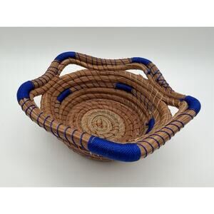 Vintage Handmade Nicaraguan Pine Needle Basket with Blue Accents 6” Trinket Dish